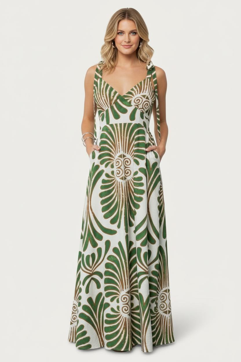 Eslaro Maxi Jurk Dames Verstelbare Bandjes & Botanische Print Boheemse