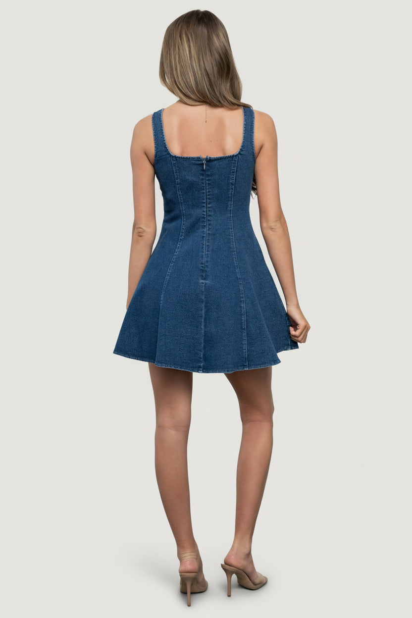 Denim dress with front buttons, back view